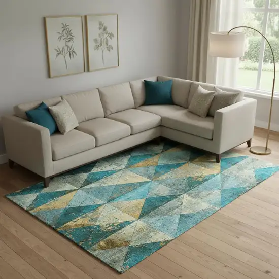 Teal Gold And Ivory Geometric Washable Area Rug With UV Protection Photo 2