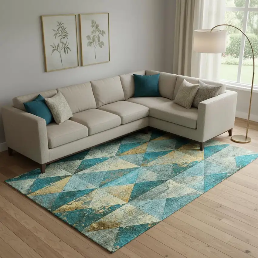 Teal Gold And Ivory Geometric Washable Area Rug With UV Protection Photo 2