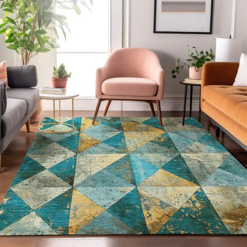 Teal Gold And Ivory Geometric Washable Area Rug With UV Protection Photo 5