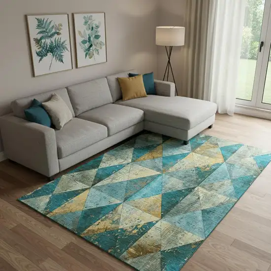 Teal Gold And Ivory Geometric Washable Area Rug With UV Protection Photo 2