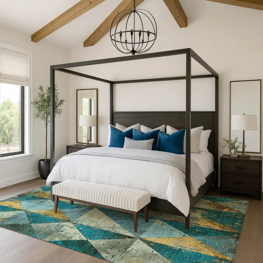 Teal Gold And Ivory Geometric Washable Area Rug With UV Protection Photo 4