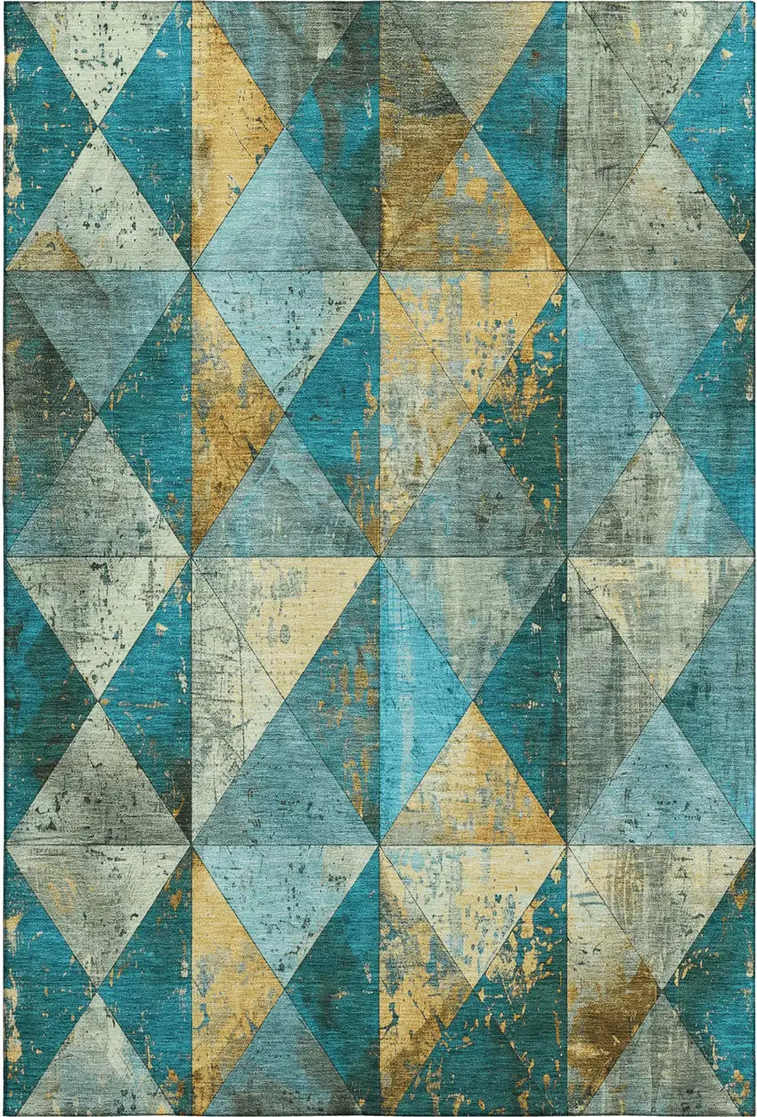 Teal Gold And Ivory Geometric Washable Area Rug With UV Protection Photo 1