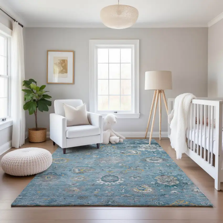 Teal Gold And Ivory Oriental Washable Area Rug With UV Protection Photo 5