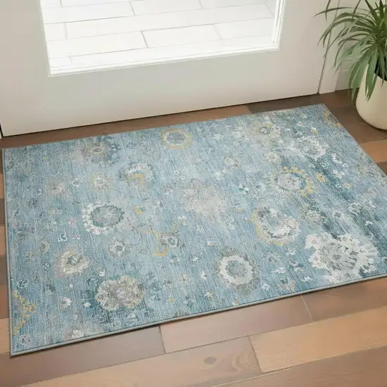 Teal Gold And Ivory Oriental Washable Area Rug With UV Protection Photo 2