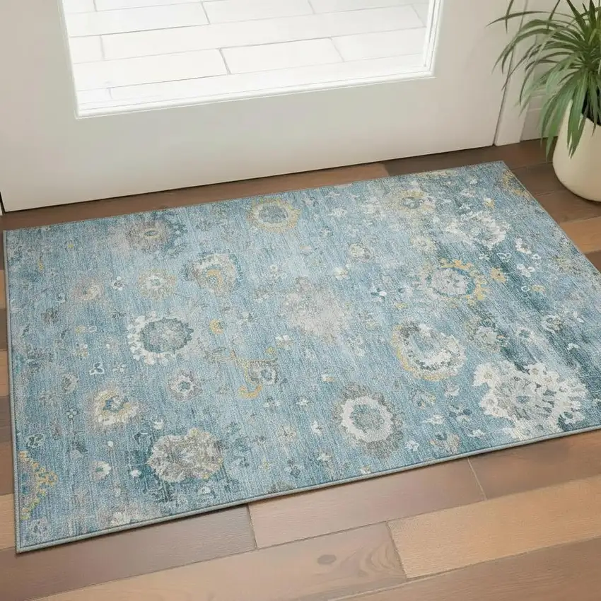 Teal Gold And Ivory Oriental Washable Area Rug With UV Protection Photo 2
