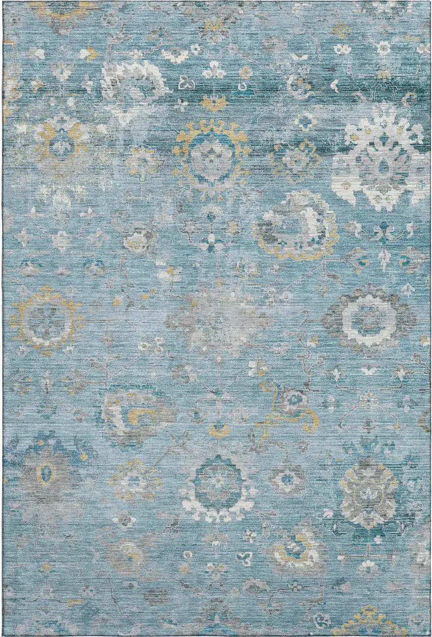 Teal Gold And Ivory Oriental Washable Area Rug With UV Protection Photo 1