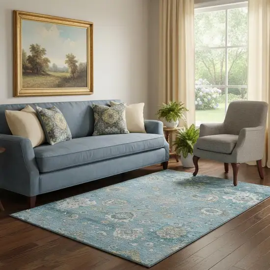 Teal Gold And Ivory Oriental Washable Area Rug With UV Protection Photo 2