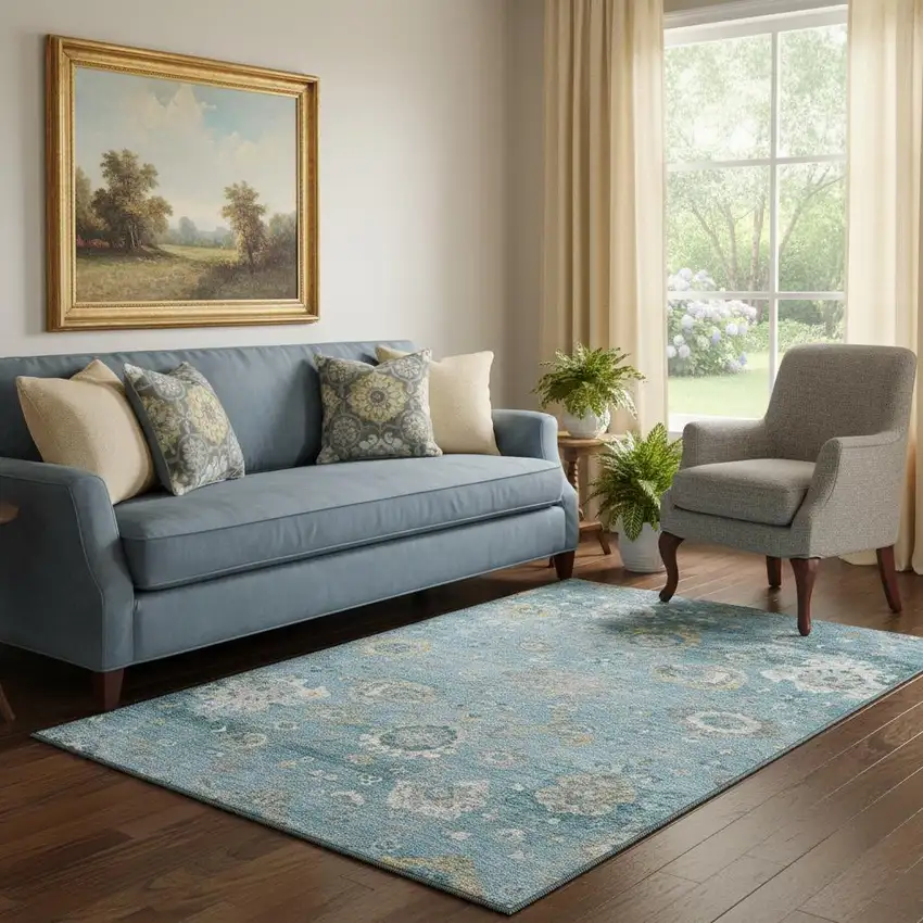 Teal Gold And Ivory Oriental Washable Area Rug With UV Protection Photo 2