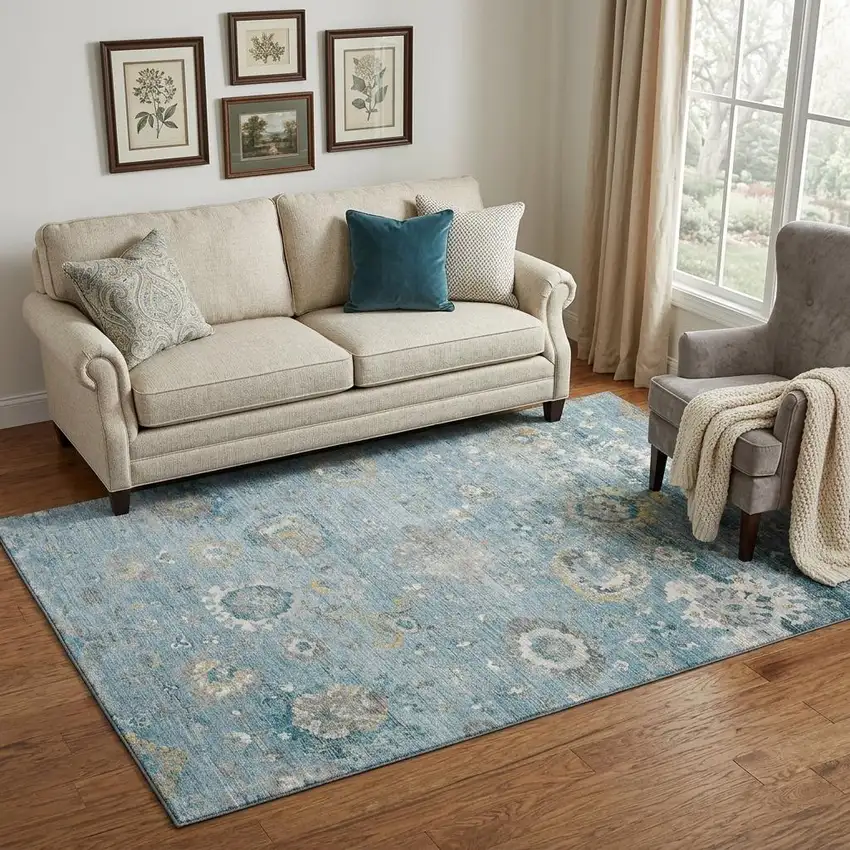 Teal Gold And Ivory Oriental Washable Area Rug With UV Protection Photo 1