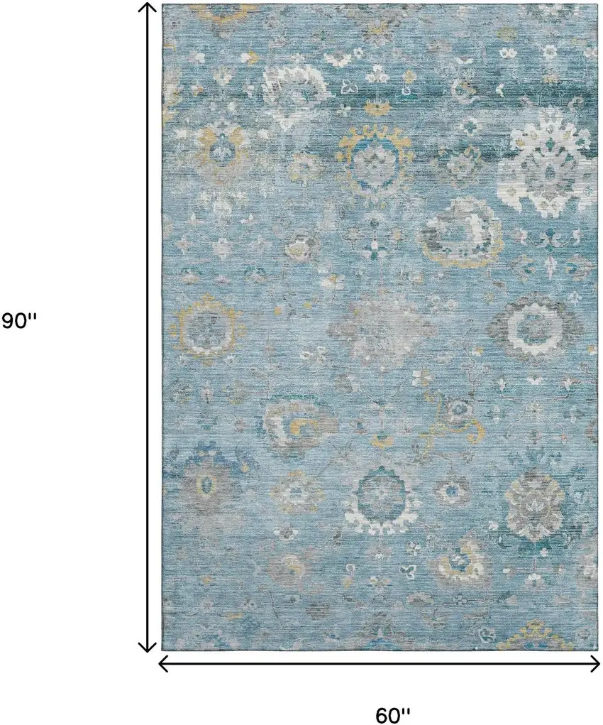 Teal Gold And Ivory Oriental Washable Area Rug With UV Protection Photo 7