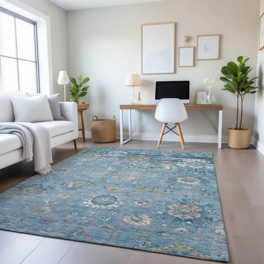 Teal Gold And Ivory Oriental Washable Area Rug With UV Protection Photo 4