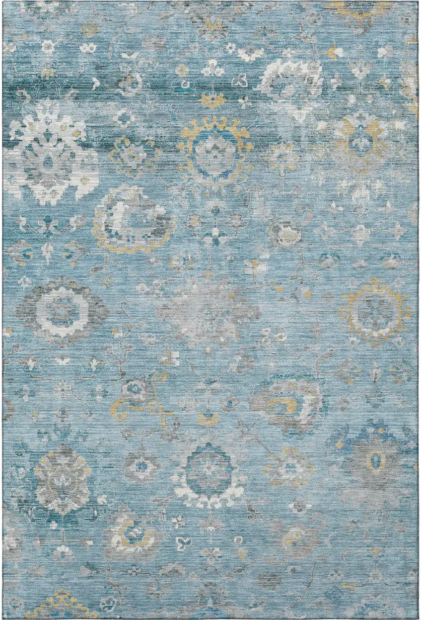 Teal Gold And Ivory Oriental Washable Area Rug With UV Protection Photo 2