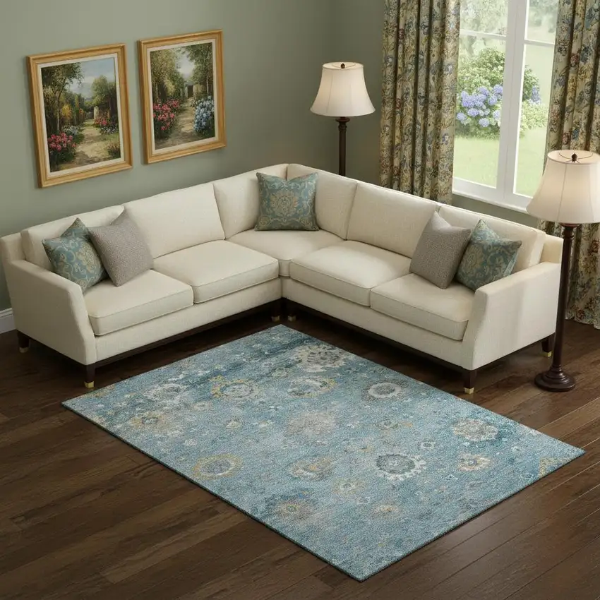 Teal Gold And Ivory Oriental Washable Area Rug With UV Protection Photo 2