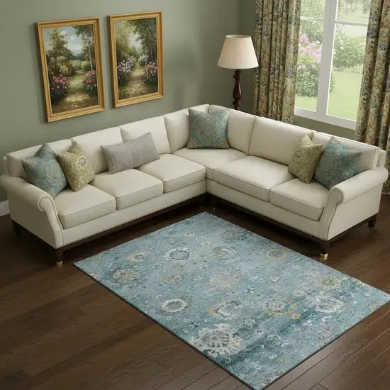 Teal Gold And Ivory Oriental Washable Area Rug With UV Protection Photo 2