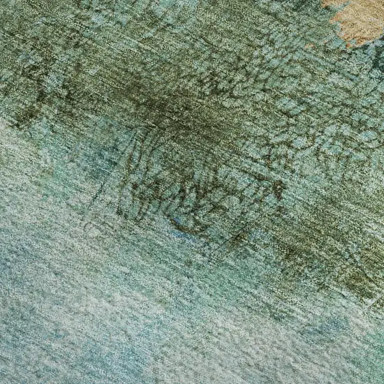 Teal Gold And Olive Green Abstract Washable Area Rug With UV Protection Photo 2