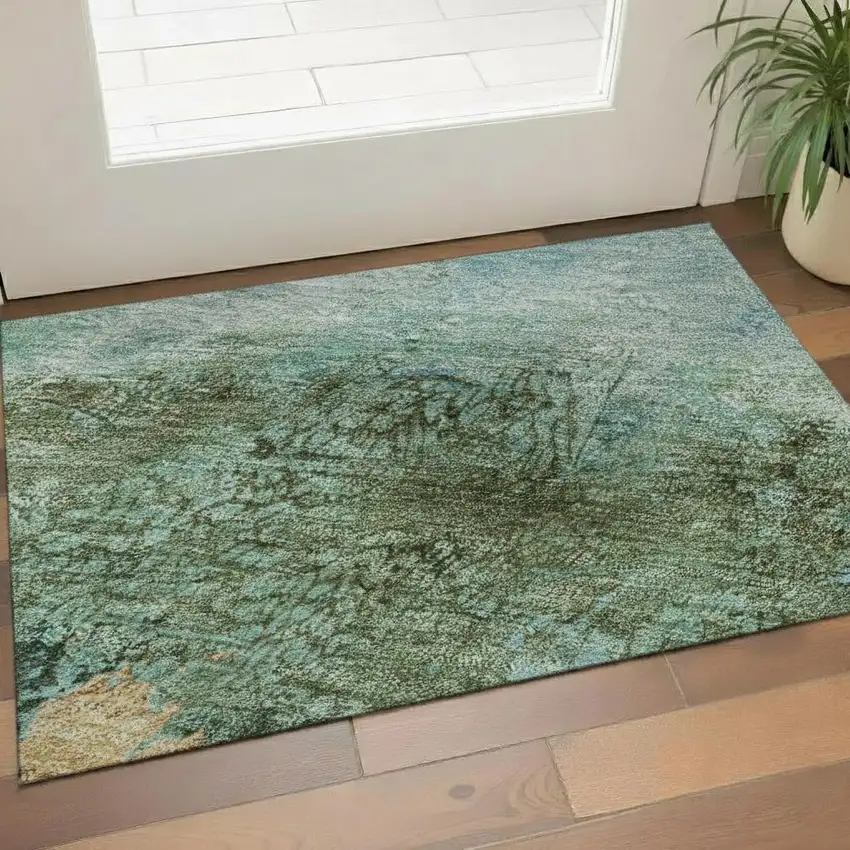 Teal Gold And Olive Green Abstract Washable Area Rug With UV Protection Photo 2