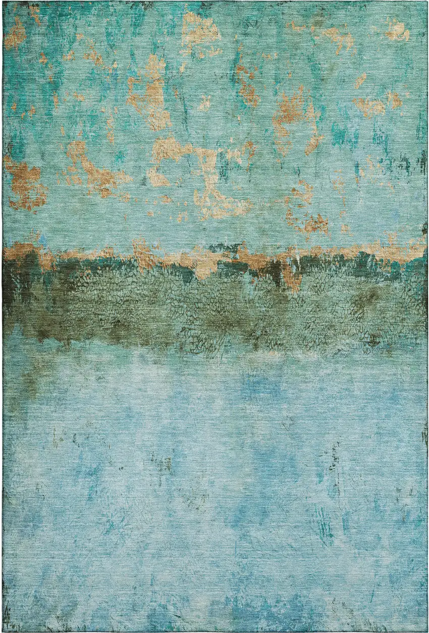 Teal Gold And Olive Green Abstract Washable Area Rug With UV Protection Photo 5