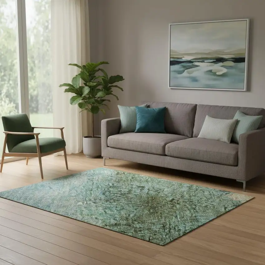 Teal Gold And Olive Green Abstract Washable Area Rug With UV Protection Photo 2