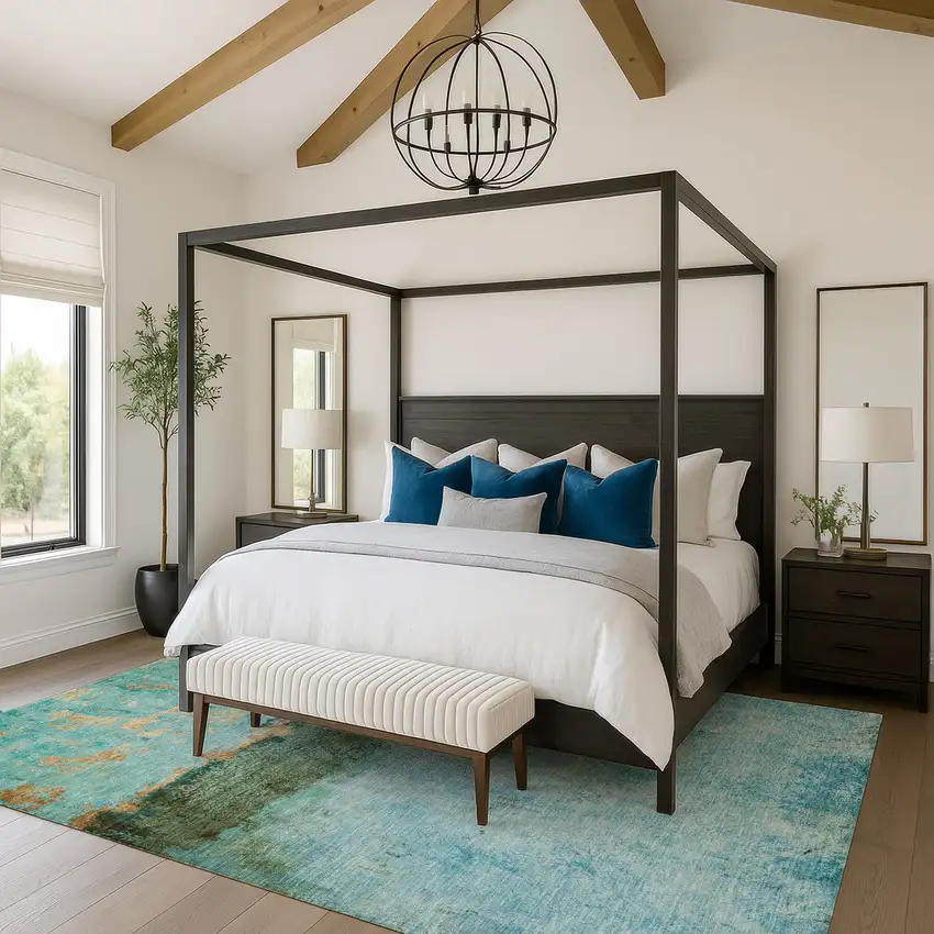 Teal Gold And Olive Green Abstract Washable Area Rug With UV Protection Photo 4