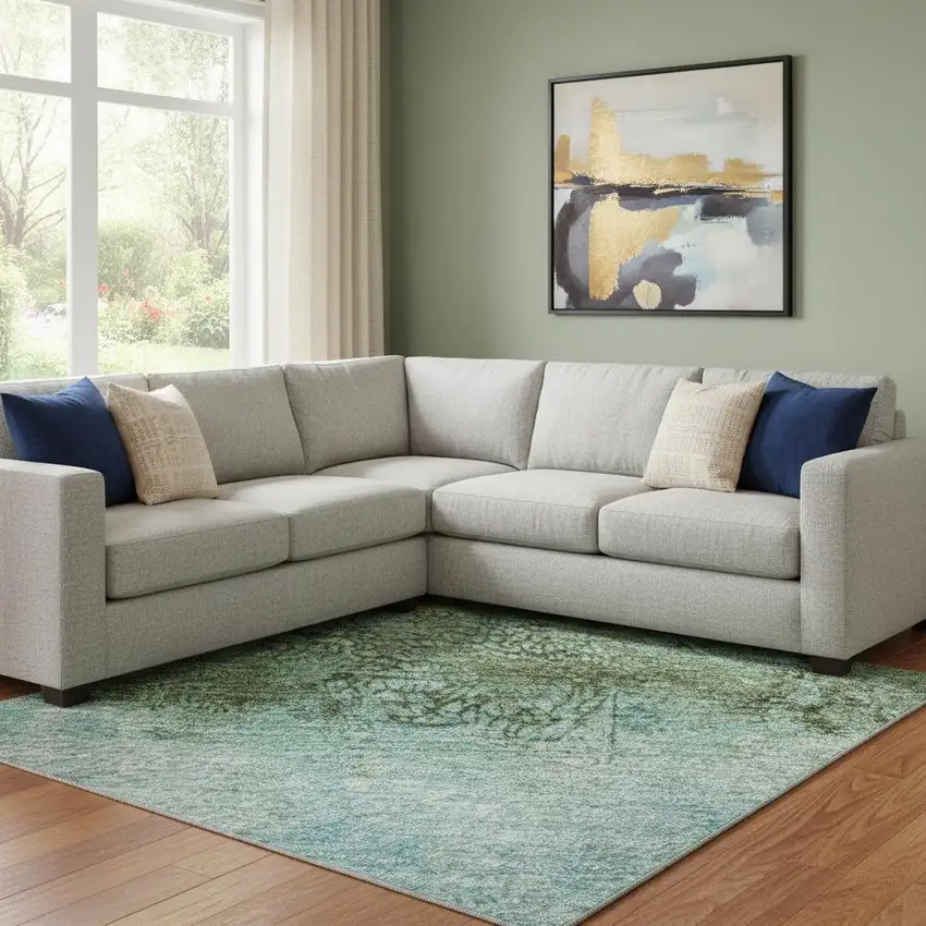 Teal Gold And Olive Green Abstract Washable Area Rug With UV Protection Photo 2