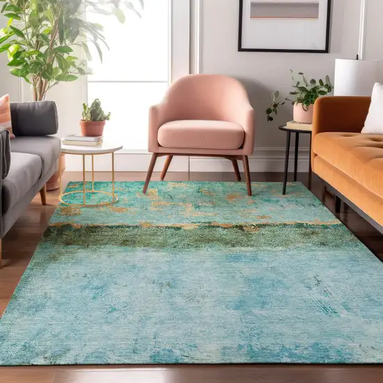 Teal Gold And Olive Green Abstract Washable Area Rug With UV Protection Photo 5