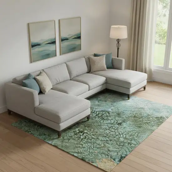 Teal Gold And Olive Green Abstract Washable Area Rug With UV Protection Photo 2