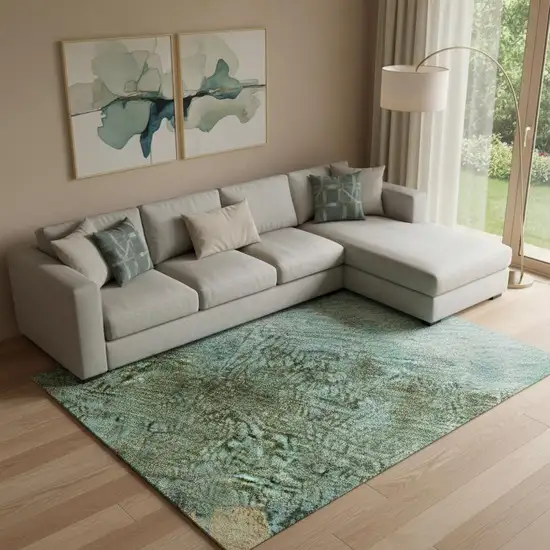 Teal Gold And Olive Green Abstract Washable Area Rug With UV Protection Photo 2