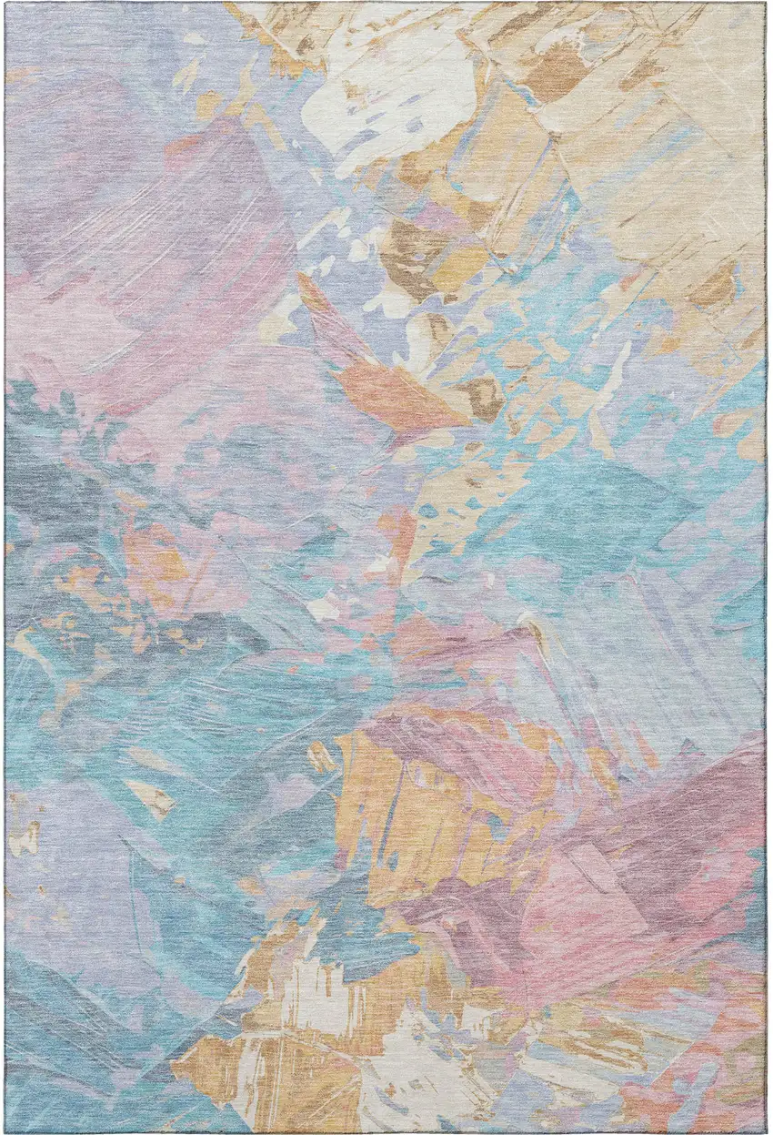 Teal Gold And Pink Abstract Washable Area Rug With UV Protection Photo 3