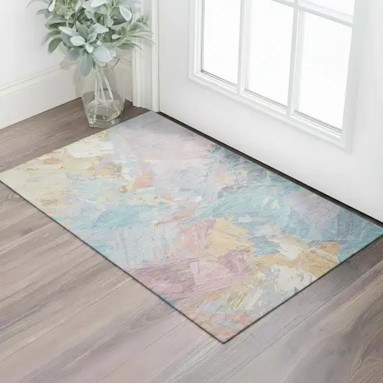 Teal Gold And Pink Abstract Washable Area Rug With UV Protection Photo 2