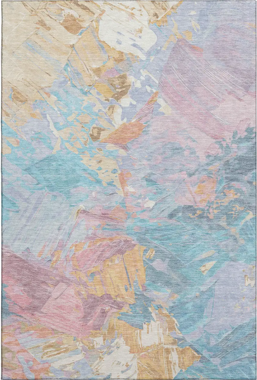 Teal Gold And Pink Abstract Washable Area Rug With UV Protection Photo 1