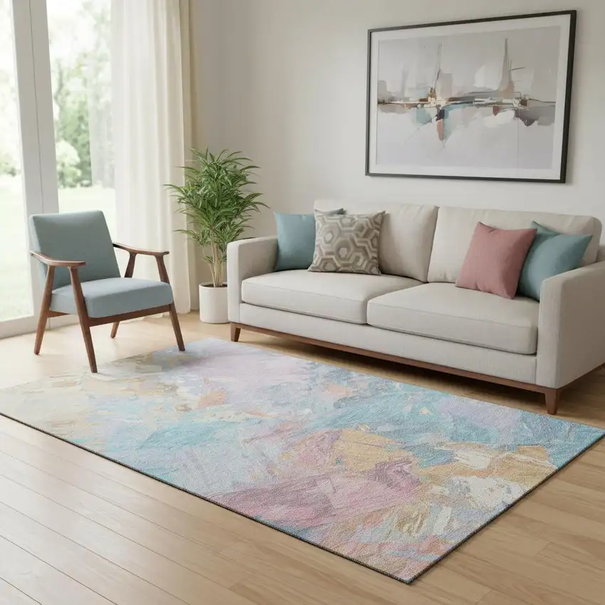 Teal Gold And Pink Abstract Washable Area Rug With UV Protection Photo 2