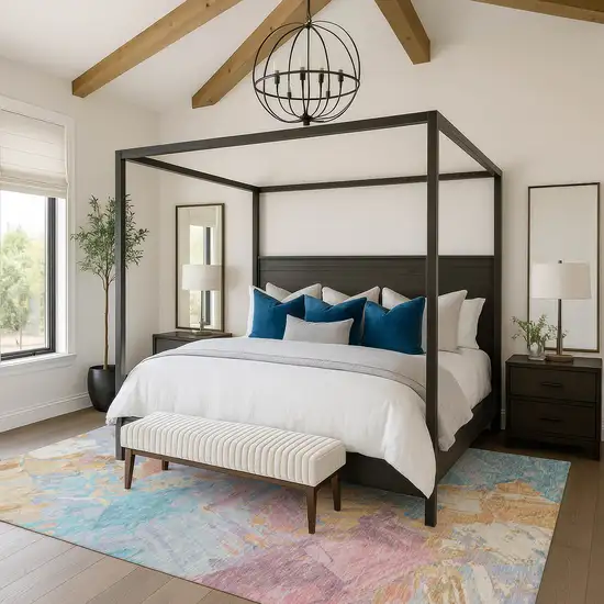 Teal Gold And Pink Abstract Washable Area Rug With UV Protection Photo 4