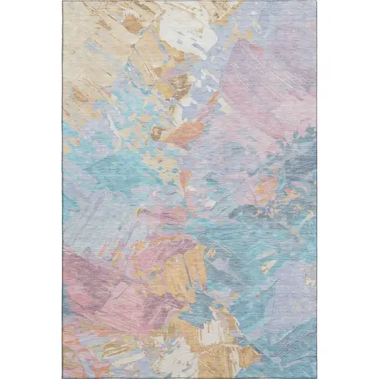 Teal Gold And Pink Abstract Washable Area Rug With UV Protection Photo 1