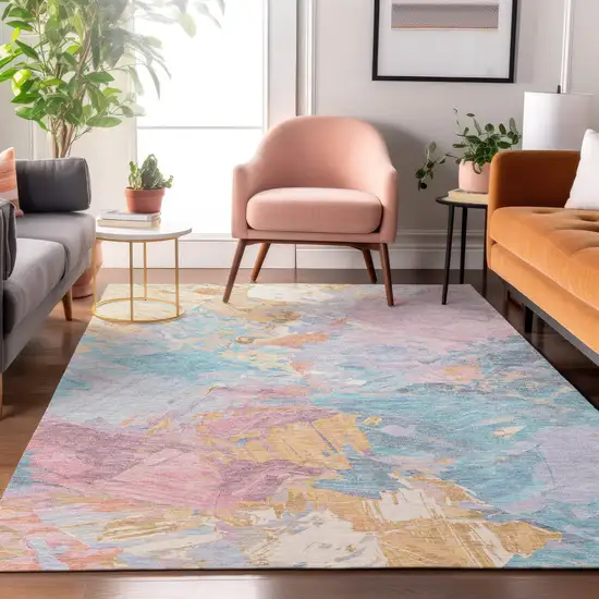 Teal Gold And Pink Abstract Washable Area Rug With UV Protection Photo 5