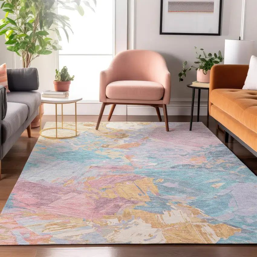 Teal Gold And Pink Abstract Washable Area Rug With UV Protection Photo 5