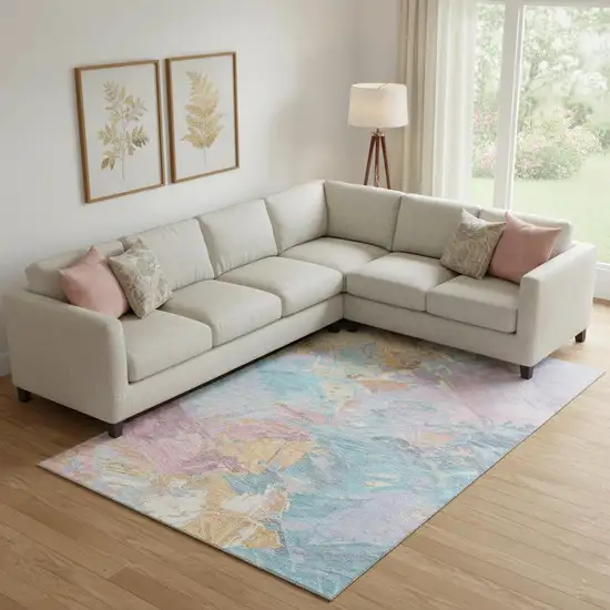 Teal Gold And Pink Abstract Washable Area Rug With UV Protection Photo 2