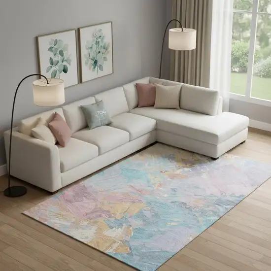 Teal Gold And Pink Abstract Washable Area Rug With UV Protection Photo 2