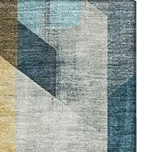 Photo of Teal Gold And Silver Geometric Washable Area Rug With UV Protection
