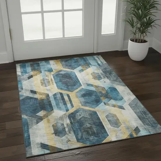 Teal Gold And Silver Geometric Washable Area Rug With UV Protection Photo 2