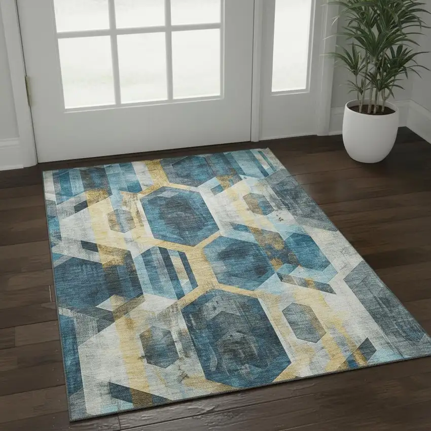 Teal Gold And Silver Geometric Washable Area Rug With UV Protection Photo 2