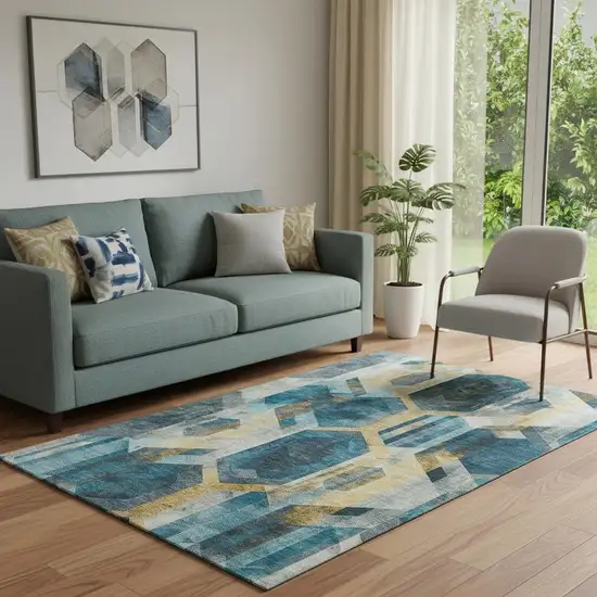 Teal Gold And Silver Geometric Washable Area Rug With UV Protection Photo 2