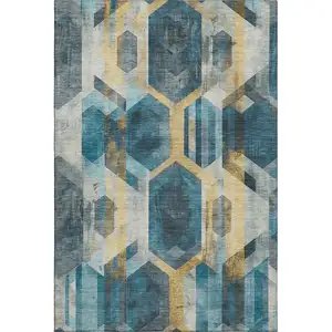 Photo of Teal Gold And Silver Geometric Washable Area Rug With UV Protection