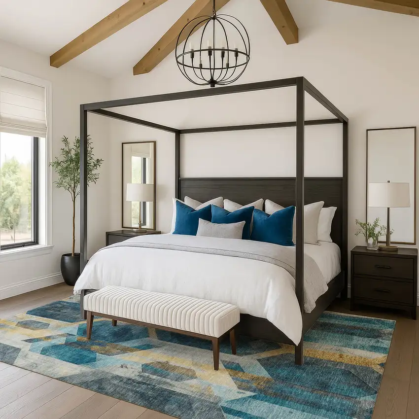 Teal Gold And Silver Geometric Washable Area Rug With UV Protection Photo 4