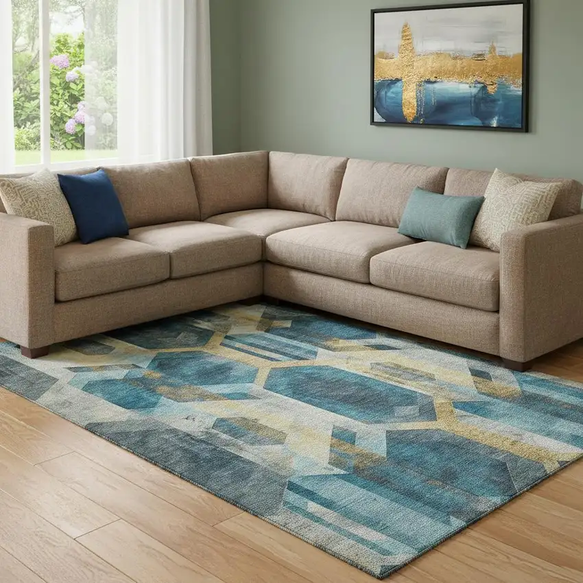 Teal Gold And Silver Geometric Washable Area Rug With UV Protection Photo 2