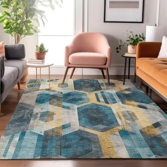 Teal Gold And Silver Geometric Washable Area Rug With UV Protection Photo 5