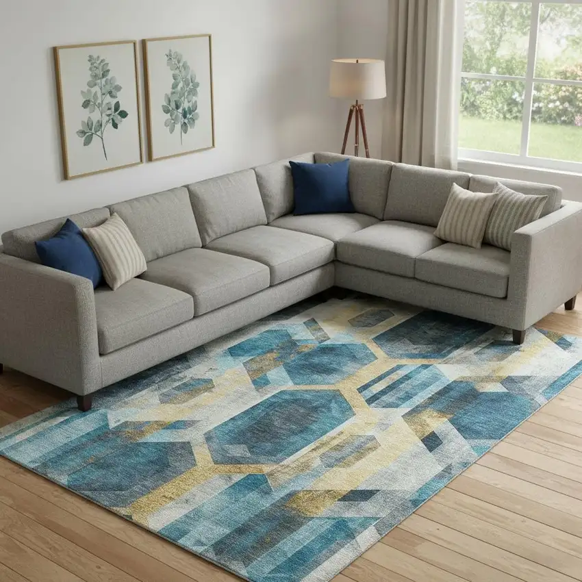 Teal Gold And Silver Geometric Washable Area Rug With UV Protection Photo 2