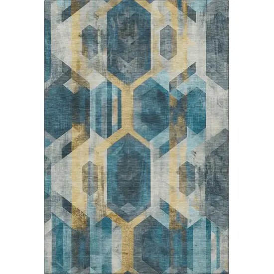 Teal Gold And Silver Geometric Washable Area Rug With UV Protection Photo 3