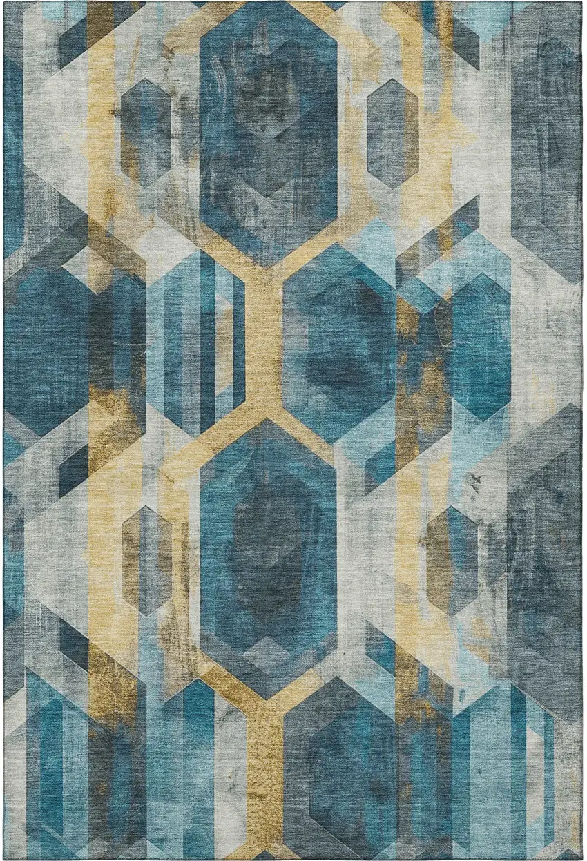 Teal Gold And Silver Geometric Washable Area Rug With UV Protection Photo 3