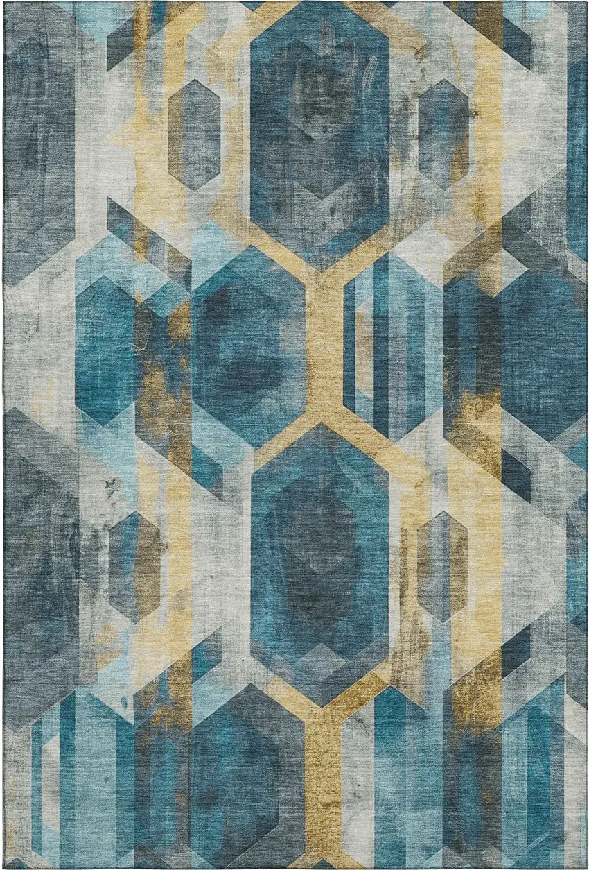Teal Gold And Silver Geometric Washable Area Rug With UV Protection Photo 1
