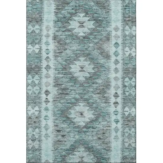 Teal Gray And Aqua Geometric Washable Area Rug With UV Protection Photo 3